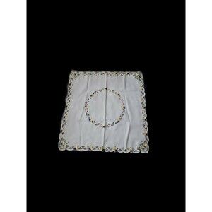 Hand Embroidered Blue Yellow Flower White Table Cloth 34" x 34" Scalloped Edge